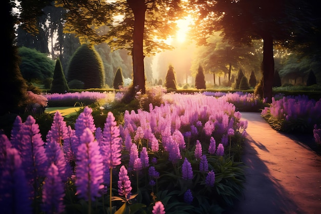 Foto del giardino di lavanda illuminato dal sole nell'ora d'oro Flower Garden