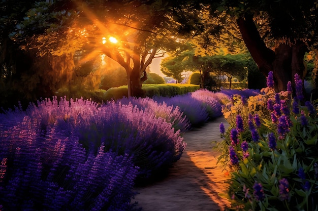 Foto del giardino di lavanda illuminato dal sole nell'ora d'oro Flower Garden