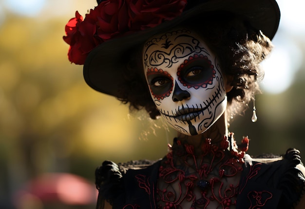 Foto del giorno dei morti e di Halloween La donna con il teschio di zucchero compone i fiori ai generativi