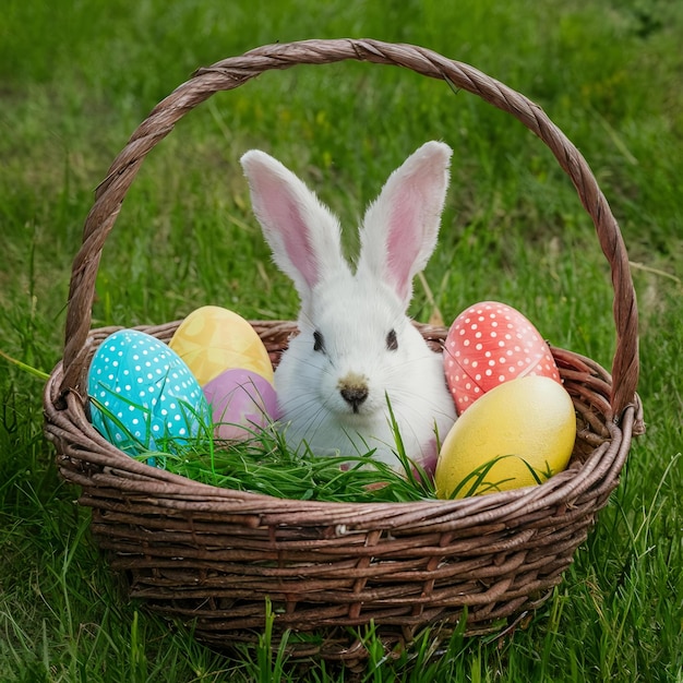 Foto del giorno di Pasqua un coniglietto seduto in un cesto con le uova di Pasqua