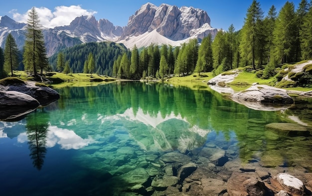 Foto del lago alpino di Boe vicino a Corvara nelle Dolomiti
