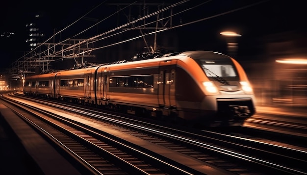 Foto del moderno treno ad alta velocità che attraversa la città di notte IA generativa