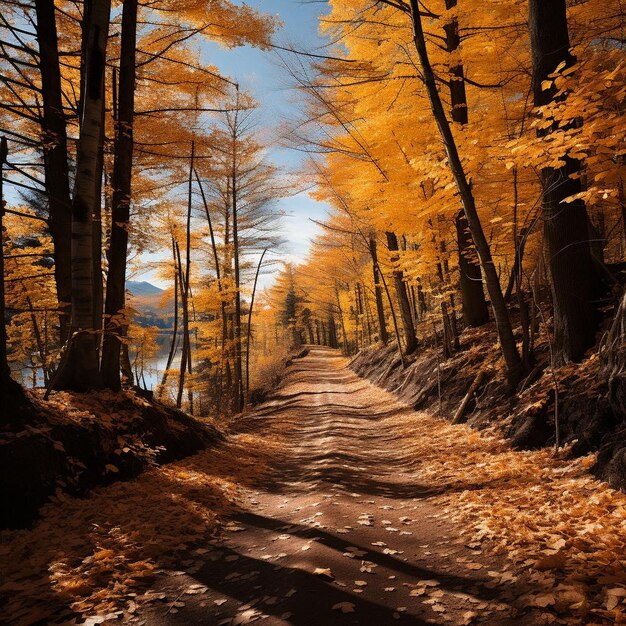 Foto del paesaggio autunnale dei sentieri dorati e dei prati d'acero