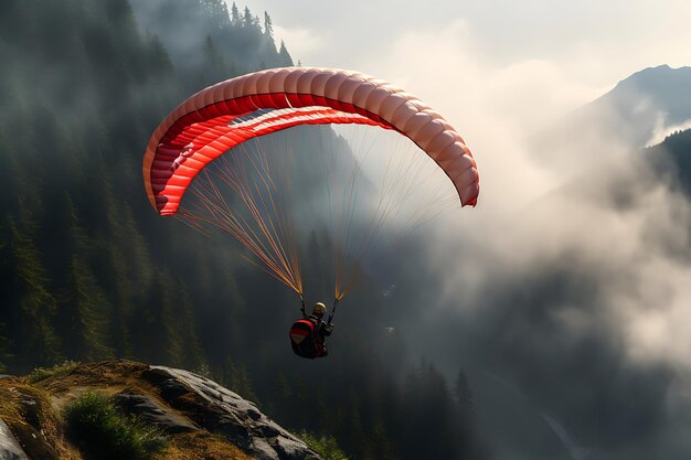 Foto del parapendio in montagna nebbiosa