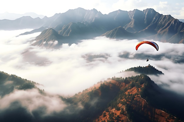 Foto del parapendio in montagna nebbiosa