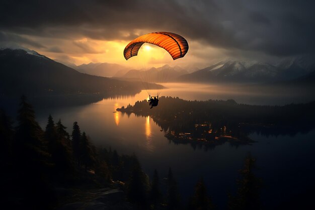 Foto del parapendio in montagna nebbiosa