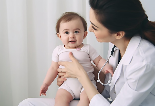 Foto del pediatra che controlla il battito cardiaco del bambino