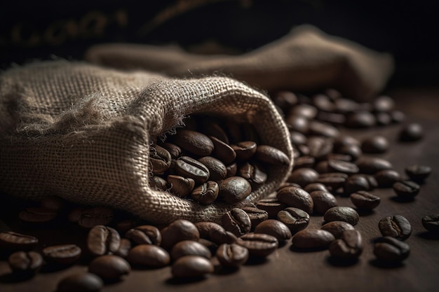 Foto del primo piano dei chicchi di caffè appena tostati in un sacco di iuta generativo ai