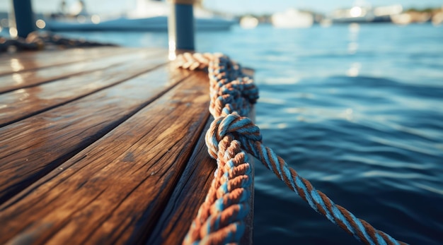 Foto del primo piano dei fili della nave con il mare