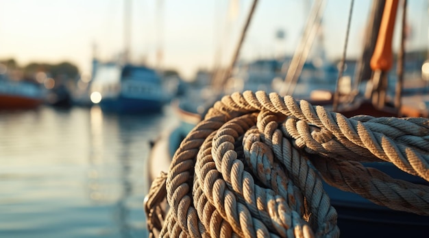 Foto del primo piano dei fili della nave con il mare