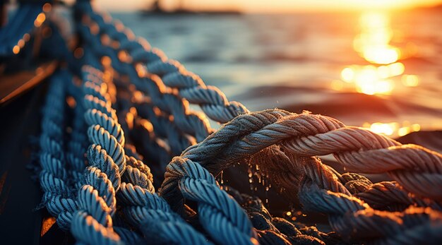 Foto del primo piano dei fili della nave con il mare