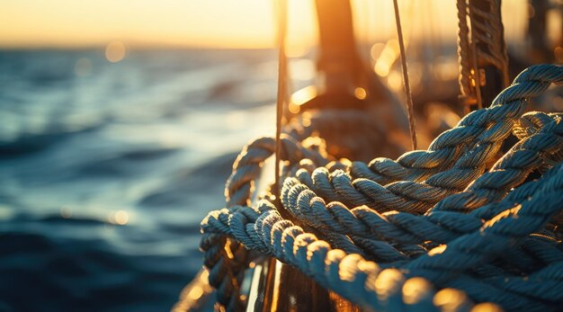 Foto del primo piano dei fili della nave con il mare