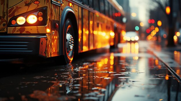 Foto del primo piano dello scuolabus sulla strada