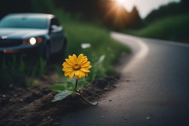 foto del primo piano di un fiore che cresce da una strada