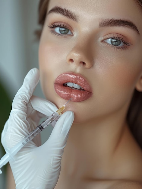 Foto del primo piano di un'iniezione di procedura cosmetica sulle labbra di una liposuzione di lifting facciale per l'aumento delle labbra di una giovane donna