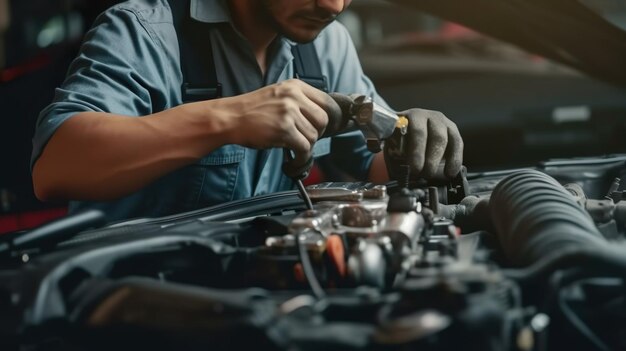 Foto del primo piano di un meccanico di auto che lavora su un motore di un'auto in un garage di servizio di riparazione meccanica Un meccanico in uniforme sta lavorando su un servizio di auto Lavoro nei servizi di riparazione e manutenzione del garage