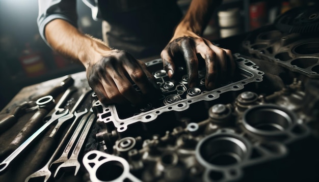 Foto del primo piano di un meccanico profondamente assorbito nel processo di riparazione di un motore