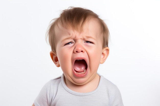 Foto del primo piano di un piccolo bambino sveglio del neonato che piange e che grida isolato su priorità bassa bianca