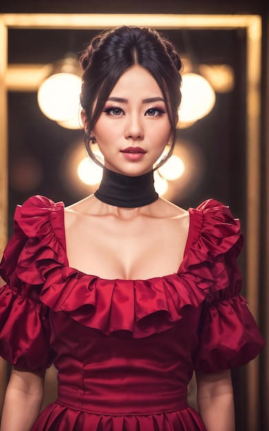 Foto del ritratto di bella donna asiatica in vestito all'intelligenza artificiale generativa di notte del corridoio di lusso