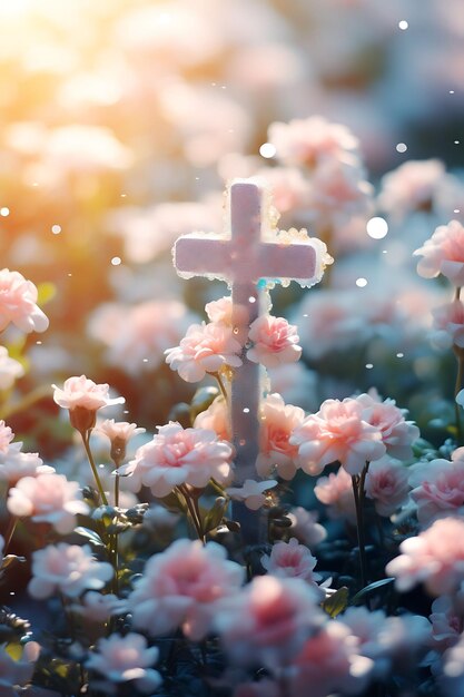 Foto del simbolo della Santa Croce con scena di giardino sereno a forma di cuore con arte della palma di Pasqua del Venerdì Santo