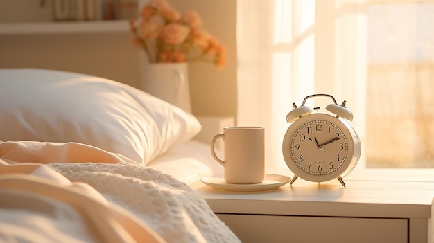 Foto del tè del caffè del mattino con l'orologio sul tavolo