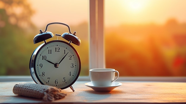 Foto del tè del caffè del mattino con l'orologio sul tavolo