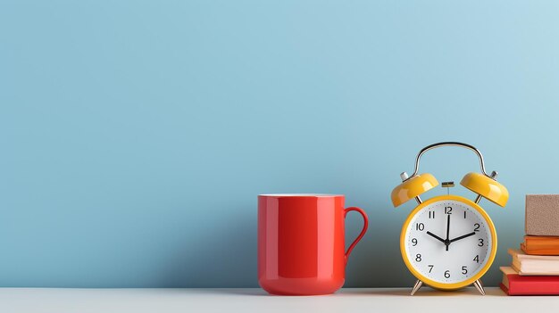 Foto del tè del caffè del mattino con l'orologio sul tavolo