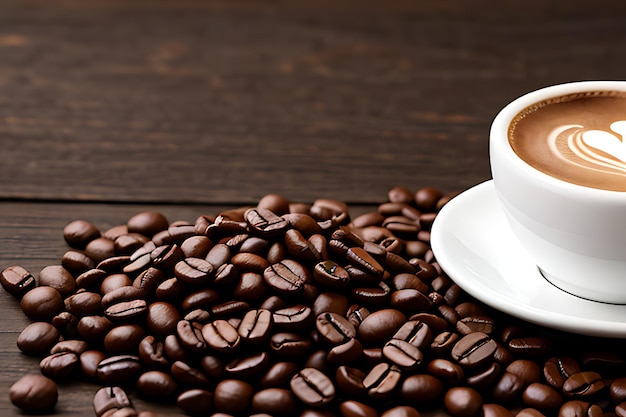 Foto del tema della bevanda del caffè per i chicchi di caffè dell'amplificatore della tazza del mockup con l'area vuota su uno sfondo di colore scuro