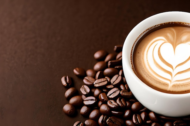 Foto del tema della bevanda del caffè per i chicchi di caffè dell'amplificatore della tazza del mockup con l'area vuota su uno sfondo di colore scuro