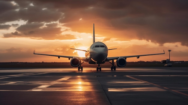 Foto del tramonto di un aereo che atterra sulla pista