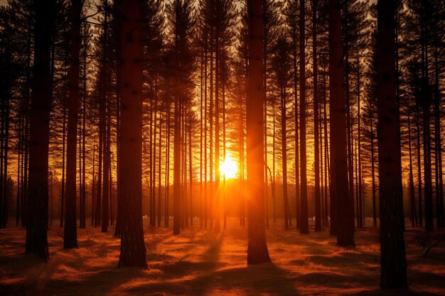 Foto del tramonto dietro alberi con silhouette sullo sfondo della natura