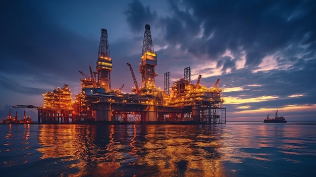 Foto del tramonto in un sito di produzione offshore per il business petrolifero GENERATE AI