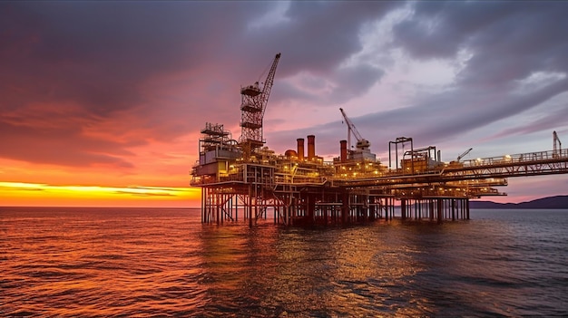 Foto del tramonto in un sito di produzione offshore per il business petrolifero GENERATE AI