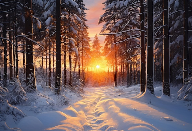 Foto del tramonto invernale bellissima foresta naturale con alberi e neve