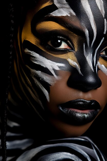Foto del viso di una donna dipinta con strisce di zebra Close Up
