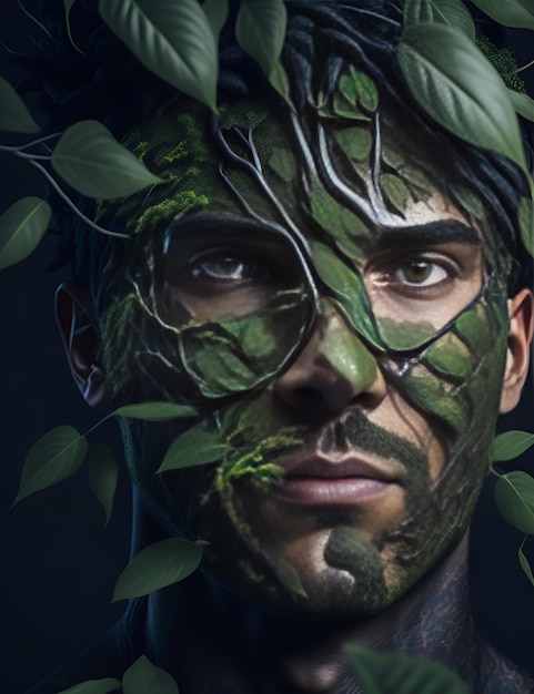 Foto del volto dell'uomo con un albero al centro circondato da foglie generative ai