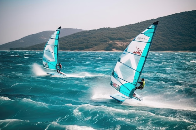 foto del windsurfista che naviga sull'acqua cristallina dell'oceano blu in estate