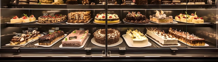 Foto foto deliziose torte esposte in una vetrina di panetteria