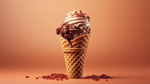 Foto Delizioso gelato al cioccolato in waffle cone generato dall'AI