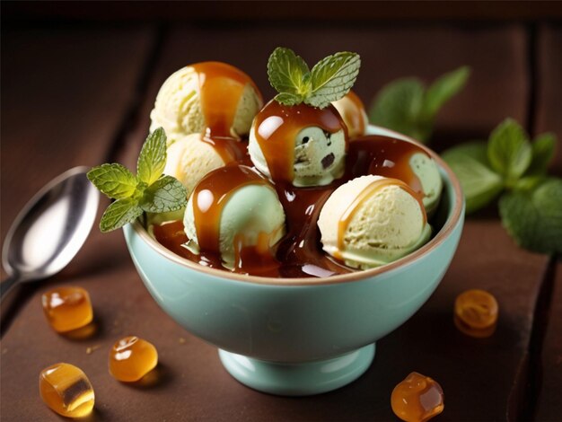 Foto delizioso gelato con caramelle e menta in ciotola su tavolo marrone in primo piano