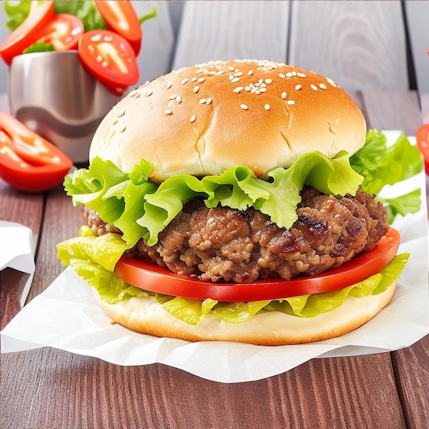 Foto delizioso hamburger con panino di carne e verdure