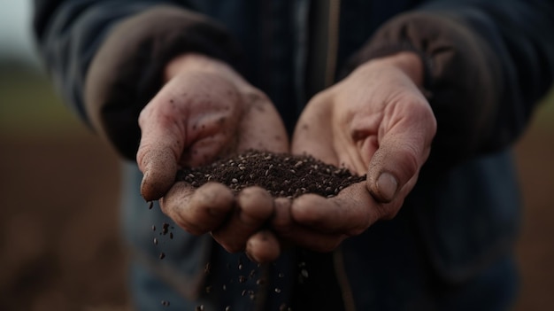 Foto dell'agricoltore che tiene la terra nelle mani in primo piano