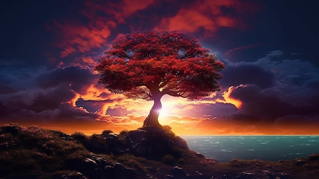 Foto dell'albero solo nel paesaggio della natura di sera