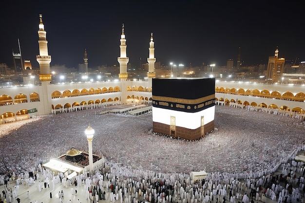 foto dell'atmosfera notturna della congregazione di Umrah che adora vicino alla Kaaba della Mecca, Arabia Saudita