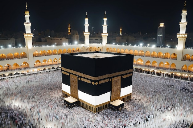 foto dell'atmosfera notturna della congregazione di Umrah che adora vicino alla Kaaba della Mecca, Arabia Saudita