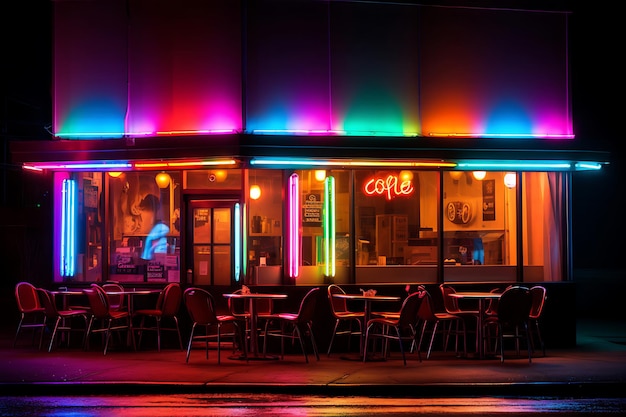 Foto dell'esterno della caffetteria illuminata al neon Sfondo al neon