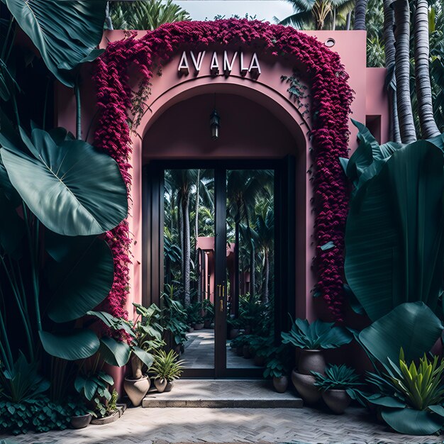 Foto dell'ingresso di un edificio rosa vivace circondato da una vegetazione lussureggiante