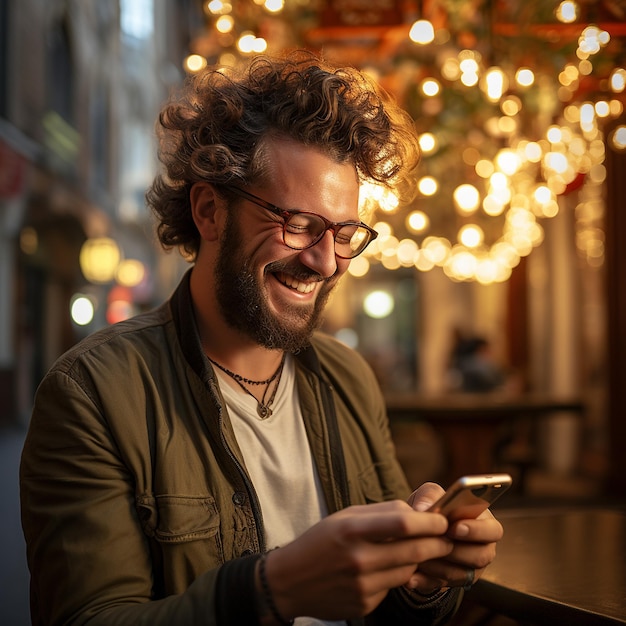 foto dell'uomo che guarda il telefono e sorride