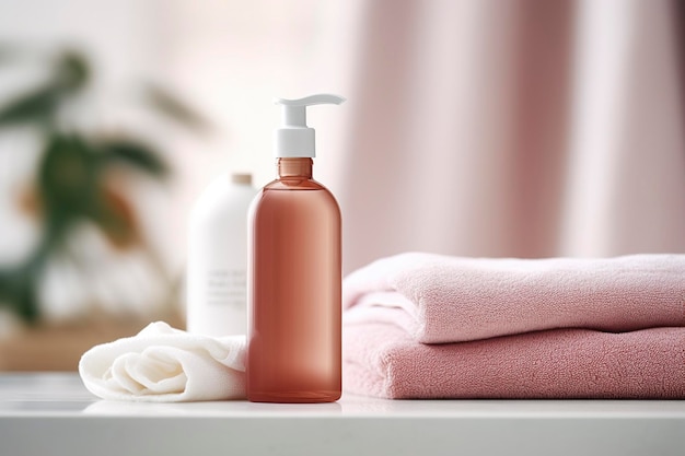 Foto della bottiglia di sapone liquido con mockup di asciugamani