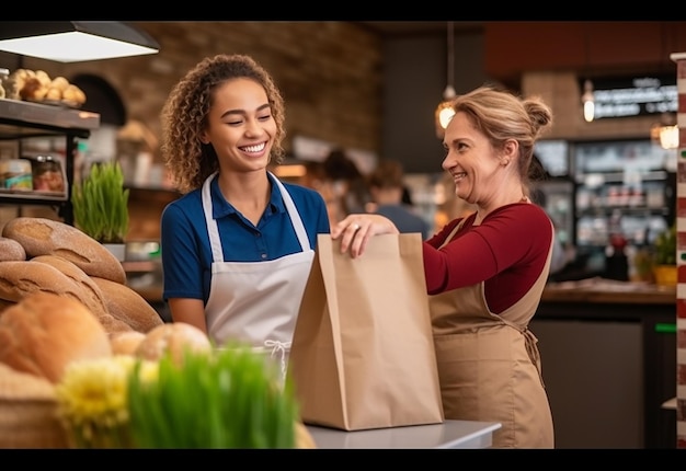 Foto della cassiera carina del supermercato con un sorriso carino e che aiuta i clienti